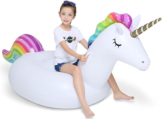 Jasonwell Big Inflatable Unicorn Pool Float Floatie Ride On with Fast Valves Large Rideable Blow Up Summer Beach Swimming Pool Party Lounge Raft Decorations Toys for Kids Adults
