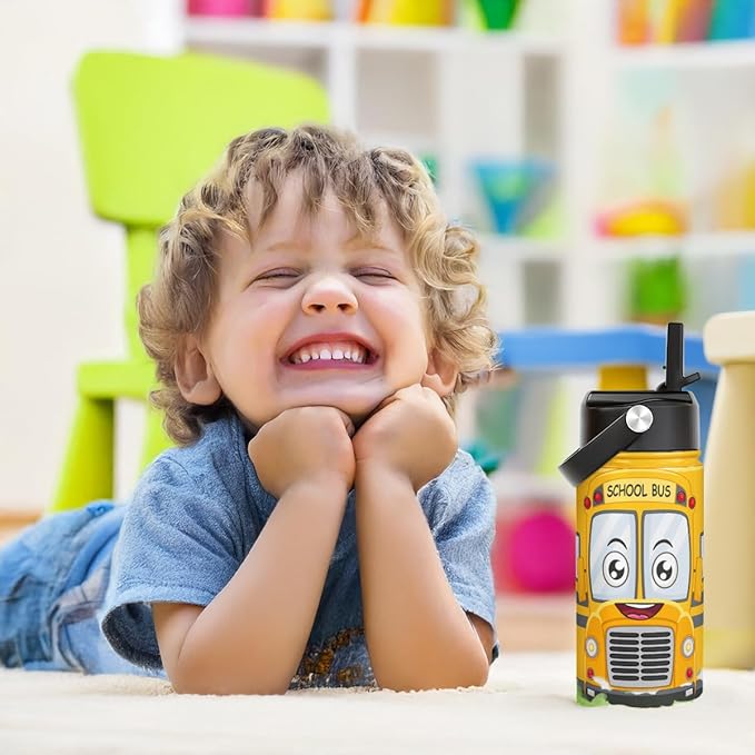 SANDJEST Kids Water Bottle with Straw Lid, Pack of 2 Insulated 12 Oz Stainless Steel Water Bottles for Boys, Travel Cup for School Sports, School Bus - Dinosaur