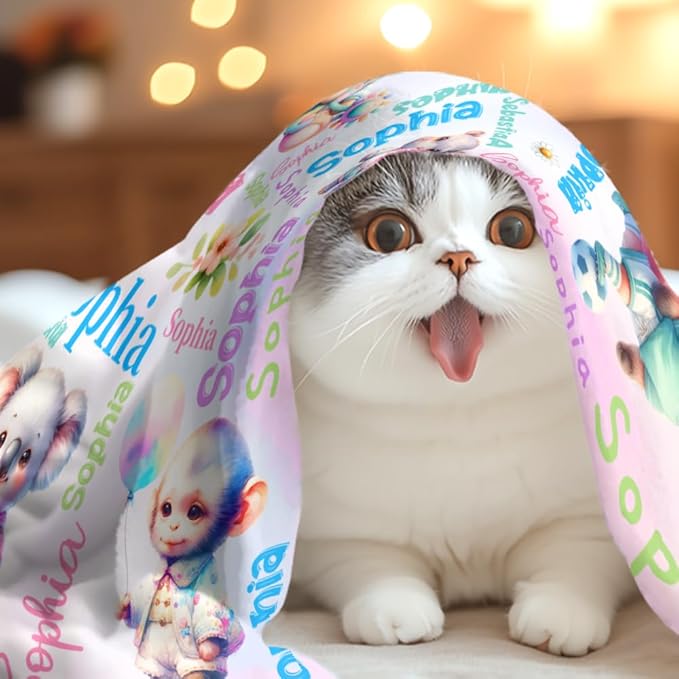 Custom Baby Girl Blanket with Name Personalized Cute Animal Blanket Customized Soft Throw Blanket for Newborn Toddler Teens Baby Shower Birthday