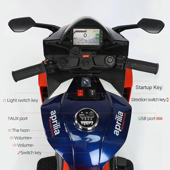 24V Kids Motorcycle, Aprilia Licensed Electric Motorcycle for Kids with Long Battery Life, Thread Wheels, Training Wheels, Large Seat-Black