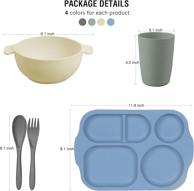 shopwithgreen Wheat Straw Dinnerware Cutlery Set, 20 PCS Kids Toddlers Divided Plates and Bowls Sets, Microwave Unbreakable Tableware Spoon Knife Cup, Dishwasher Safe for Kitchen Picnic School