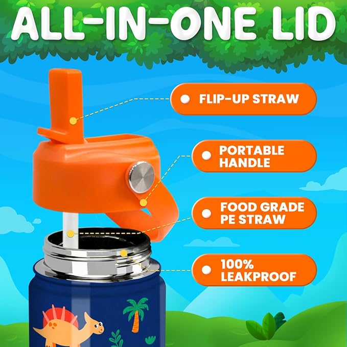 Dinosaur Water Bottle for Boys - Kids Water Bottle with Straw Lid - 12 Oz Insulated Stainless Steel Water Bottles for Kid - Travel Cup for School Sports
