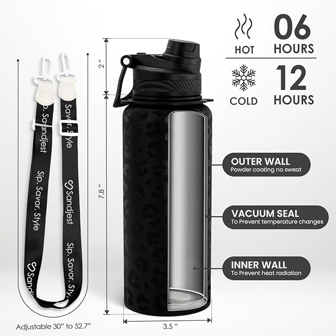 Black Leopard Skin Stainless Steel Water Bottle with Strap 32oz, Insulated Bottles with Straw and Spout Lid for Gym Sports Travel Outdoor, Gifts for Women Girls Birthday Christmas