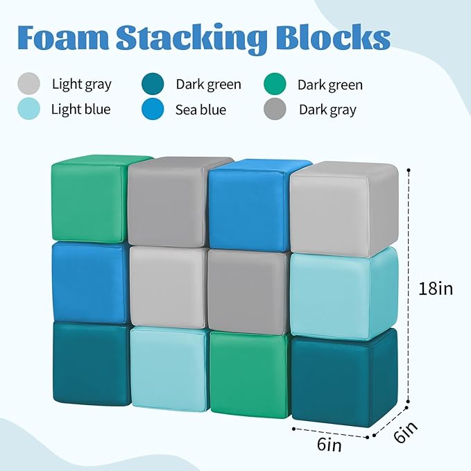 Foam Building Blocks for Toddlers：12-Pieces Wipeable Leather Stacking Cubes Kids - Large Soft Toys Play Set for Learning Construction Baby Preschool Daycare Therapy Birthday Gift (Modern)