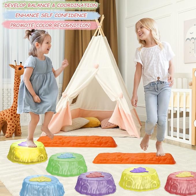 Stepping Stones for Kids, 8pcs Light Up Non-Slip Balance River Jumping Stones, Indoor & Outdoor Toys, Preschool Obstacle Course/ Sensory Fitness Equipment / Gross Motor Toys for Toddlers 3 4 5 6