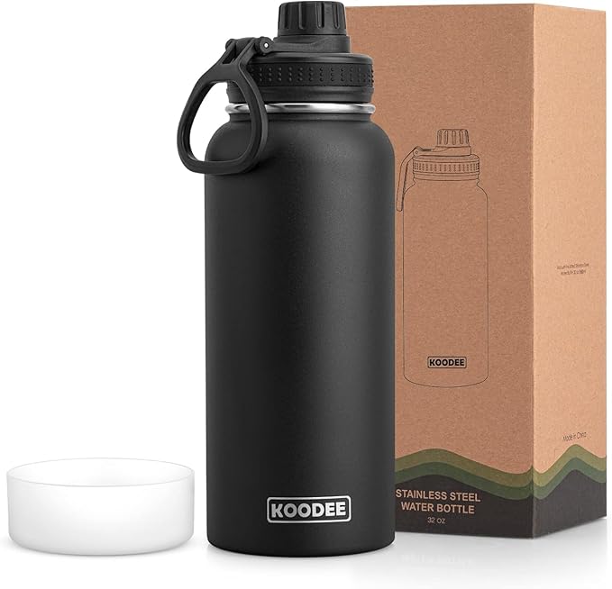 koodee Insulated Water Bottle, 32 oz Stainless Steel Double Wall Vacuum Wide Mouth Sport Bottle with Leakproof Spout Lid (Black)