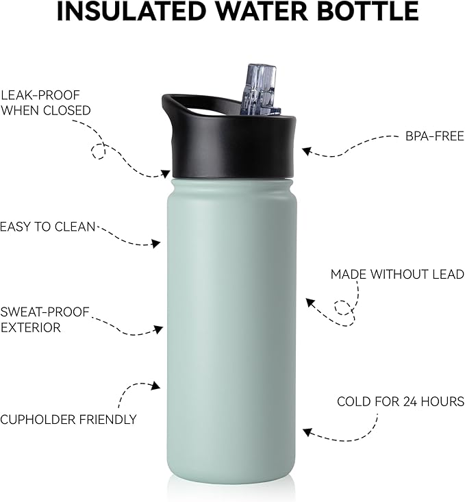 16 oz Insulated Water Bottle for School, Straw & Spout Lid, Keep Cold 24H, Spill Proof, BPA-Free, Double Wall Stainless Steel Kids Water Bottles for Sports, Gym, Travel, Turquoise Blue