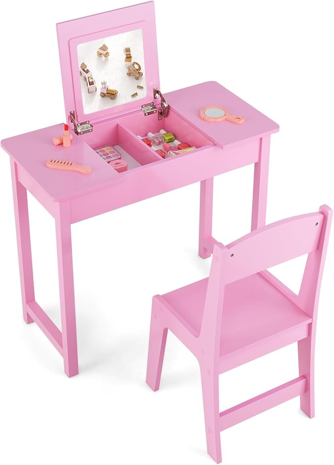 Costzon Kids Vanity, 2 in 1 Girls Vanity Set with Flip Top Mirror, Hidden Storage Space, Wooden Toddler Makeup Vanity Desk Dressing Table, Kids Vanity Table and Chair Set (Pink)