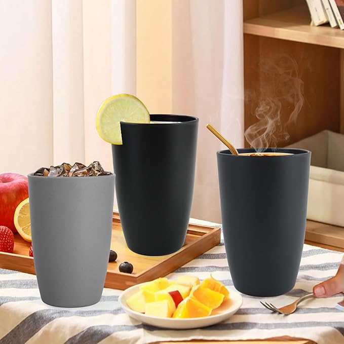 Wheat Straw Cups 20 OZ Set of 6, Unbreakable Drinking Cup Reusable, Alternative to Plastic Cups Reusable, Kitchen Water Tumblers Dishwasher and Microwave Safe (Black, Grey)