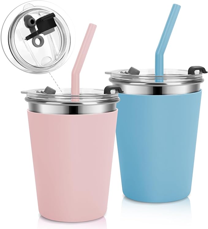 Stainless Steel Kids Cups with Lids and Straws Leakproof, 2 Pack 12oz Spill Proof Cups for Toddlers Kids Tumblers Unbreakable Sippy Cup with Straws for School, Outdoor (Blue & Pink)