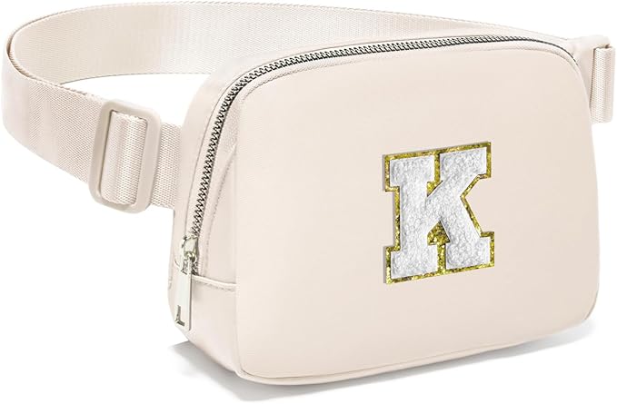 Gitus Birthday Gifts for 8 9 10 11 12 13 Year Old Girls Personalized Fanny Pack Crossbody Bags with Initial Letter Patch Belt Bag for Teen Girls Cute Trendy Stuff Travel Essentials (Ivory-K)