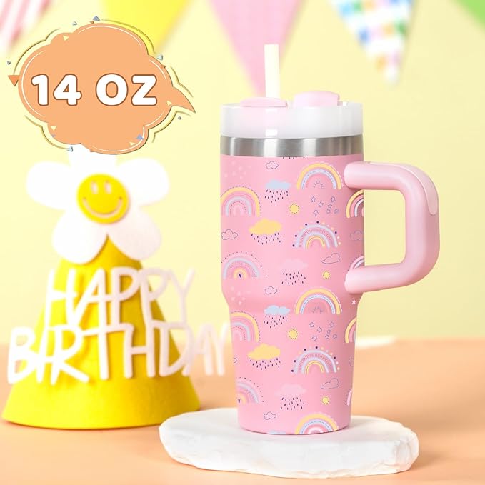 Cosictic 14 Oz Rainbow Tumbler with Handle and Straw for Kids, Stainless Steel Insulated Rainbow Cup for Children, 14 Oz Cups for Kids (Pink)