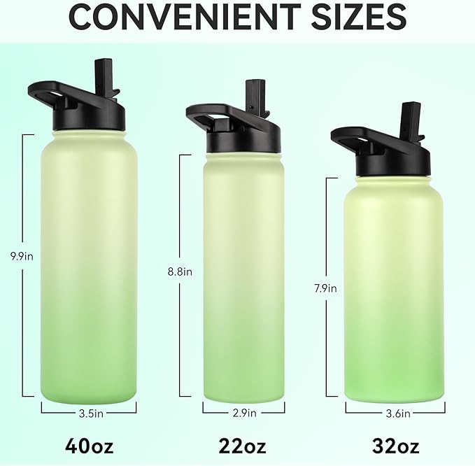 DOMICARE Insulated Water Bottle, 22 oz Vacuum Insulated Stainless Steel Reusable Sports Bottle with Straw Lid & Spout Lid for Travel, Camping, Bike, Leakproof, Green Gradient, 8 Pack