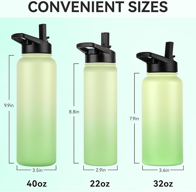 DOMICARE 40 oz Insulated Water Bottle, Vacuum Insulated Stainless Steel Sports Water Bottle with Straw Lid & Spout Lid, Leakproof, Reusable - Travel, Camping, Bike, Green Gradient