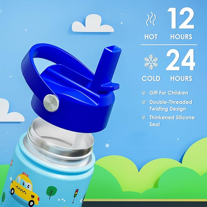 Transportation Kids Water Bottle With Straw Lid 12oz Insulated Stainless Steel, Travel Tumbler, Gifts For Boys, Birthday, Christmas, Back To School