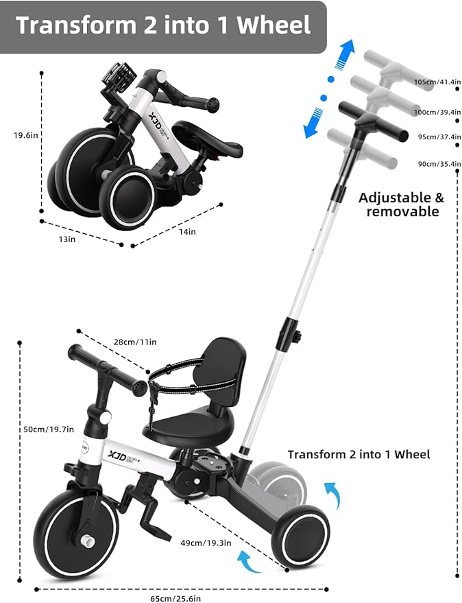 XJD Toddler Bike, 6 in 1 Folding Toddler Tricycle for 1-4 Year Old with Parental Control Handle, Balance Bike with Removable Pedal, Backrest, Adjustable Seat and Handle, First Birthday Gifts (White)