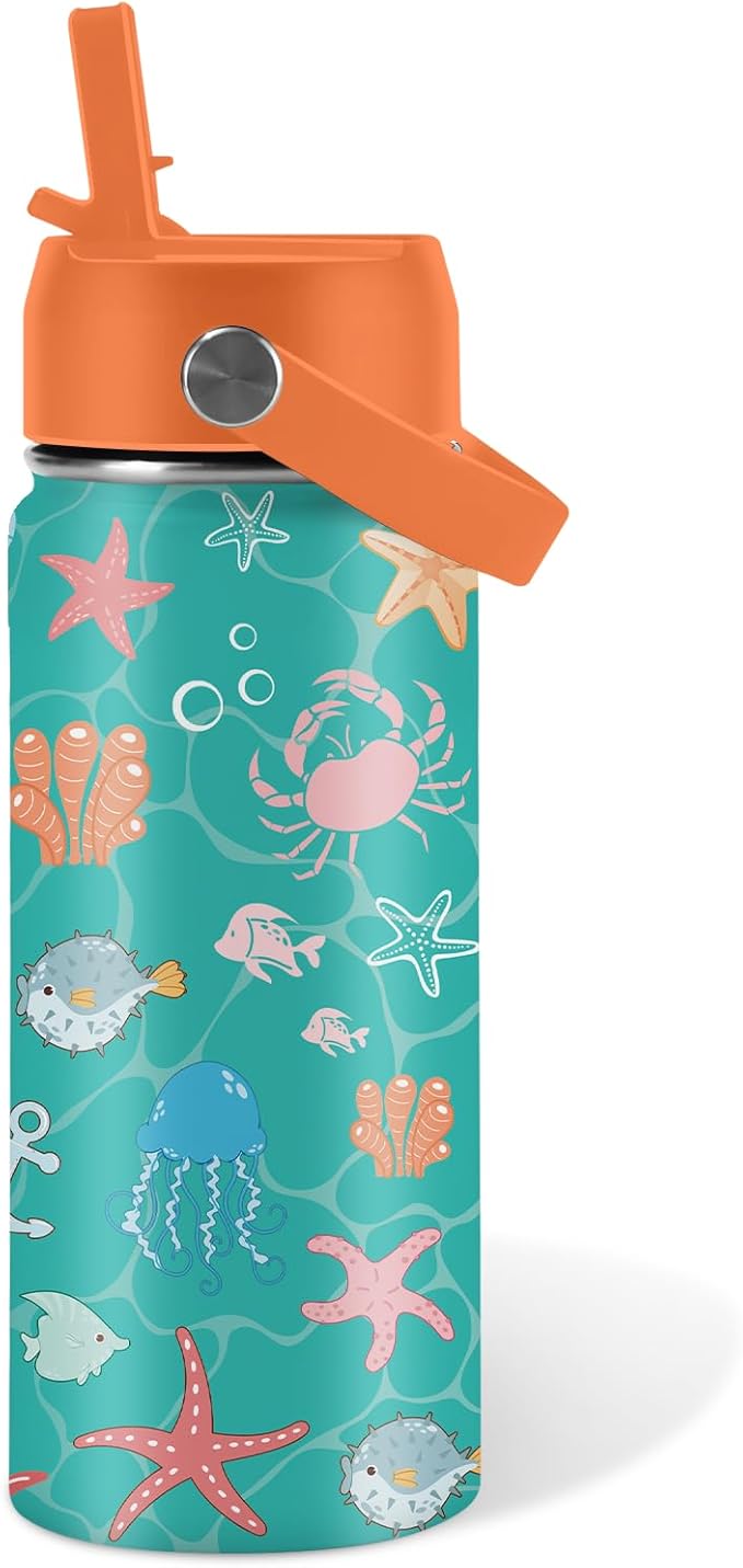 Ocean Gifts for Kids - 16 Oz Green Water Bottle with Straw Lid, Stainless Steel Insulated Tumbler, Leak Proof, BPA-Free, for Girls & Boys, School, Beach - Marine Life Lovers Birthday Gifts (1pc)