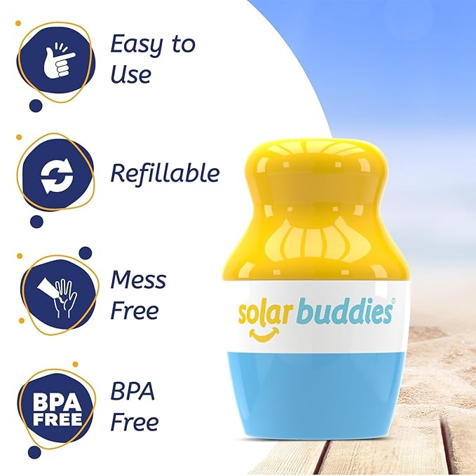 Solar Buddies Sunscreen Applicator - Blue Pack of 2 - BPA-Free Refillable Roll on Sponge Sunscreen, Suncream & Lotion Applicator For Kids, Adults & Families - Holds 3.4fl oz, Perfect Size for Travel