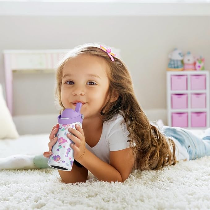 Mermaid Kids Water Bottle With Straw Lid 12oz Insulated Stainless Steel, Travel Tumbler, Gifts For Girls, Birthday, Christmas, Back To School