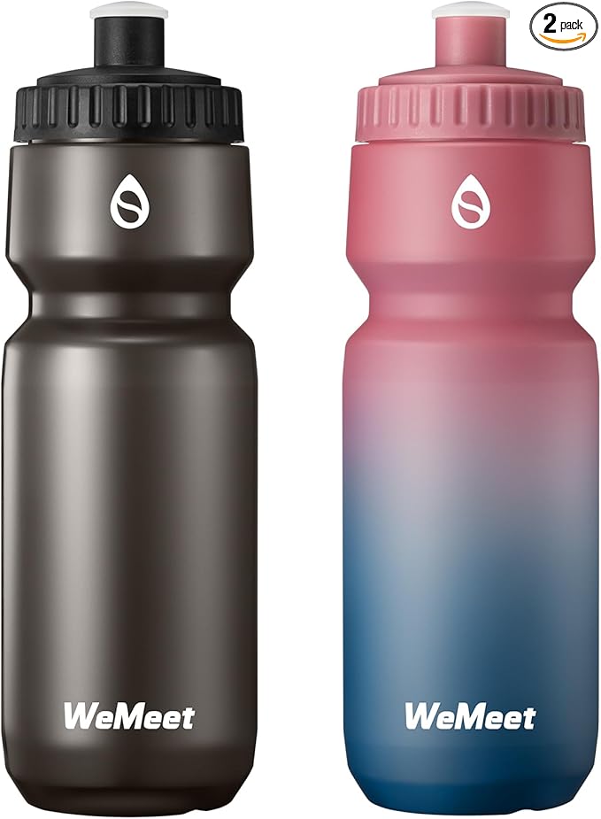 Mountain Bike Water Bottle 2-Pack, Sport Squeeze Bottle with Capacity Scale, LeakProof, BPA Free, for Cycling, Gym, Outdoors (Black & Red Blue, 24oz)