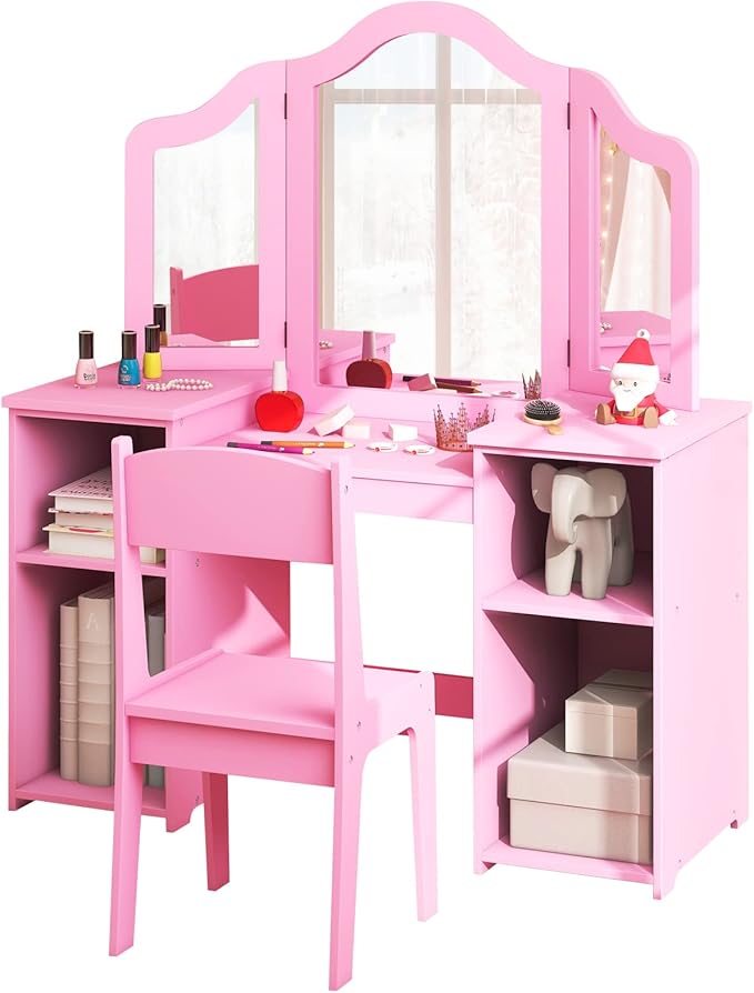 Costzon Kids 2-in-1 Princess Makeup Desk & Chair with Detachable Mirror, Shelves, Dressing Table for Little Girls (Pink)