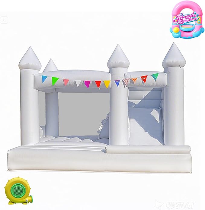 13 FT 100% PVC White Inflatable Bounce House with Large Slide Bouncy Castle for Kids Aged 3-12 Jump House Inflatable Bounce Wedding Party Decoration Best Gift for Kid(Includ Blower)