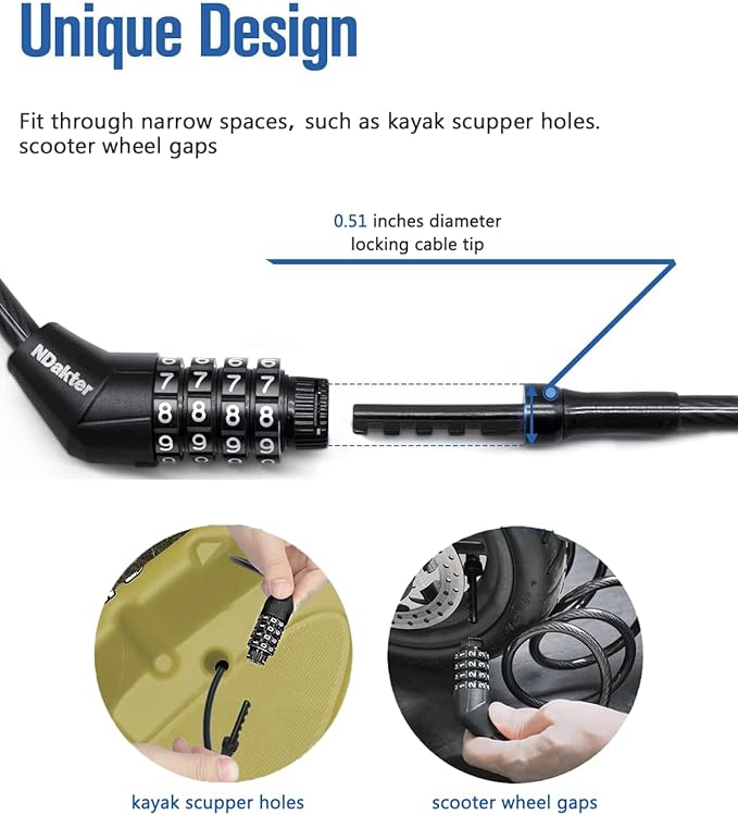 NDakte Bike Lock, Extra Long Straight Cable Lock(6ft to 27ft) with Resettable Combination, Unique Male Narrow Designed to Especially Suitable for Kayak, Scooter and Paddle Boards Canoe Jet Ski