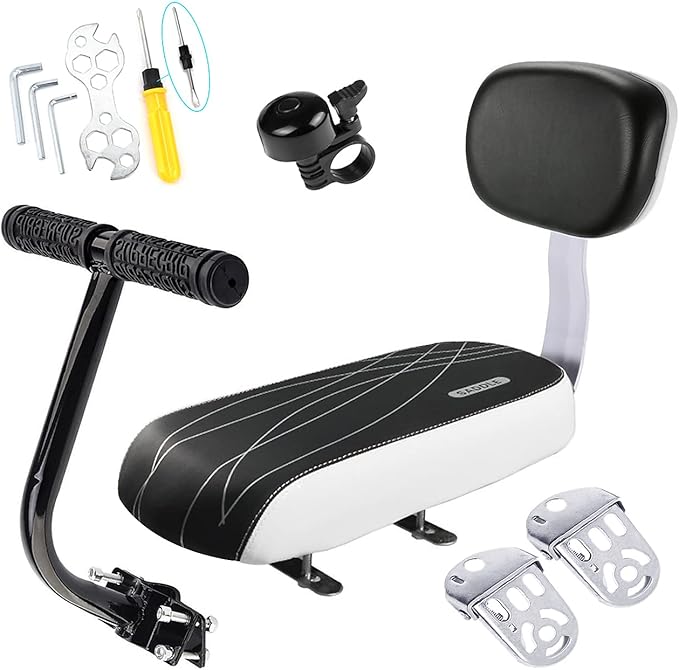 Bike Child Seat Kit, Included Bike Rear Seat Cushion with Safety Cycling Backrest + Backseat Armrest Handrail + Foldable Hidden Bicycle Footrests + Universal Handlebar Bell + Installing Tools