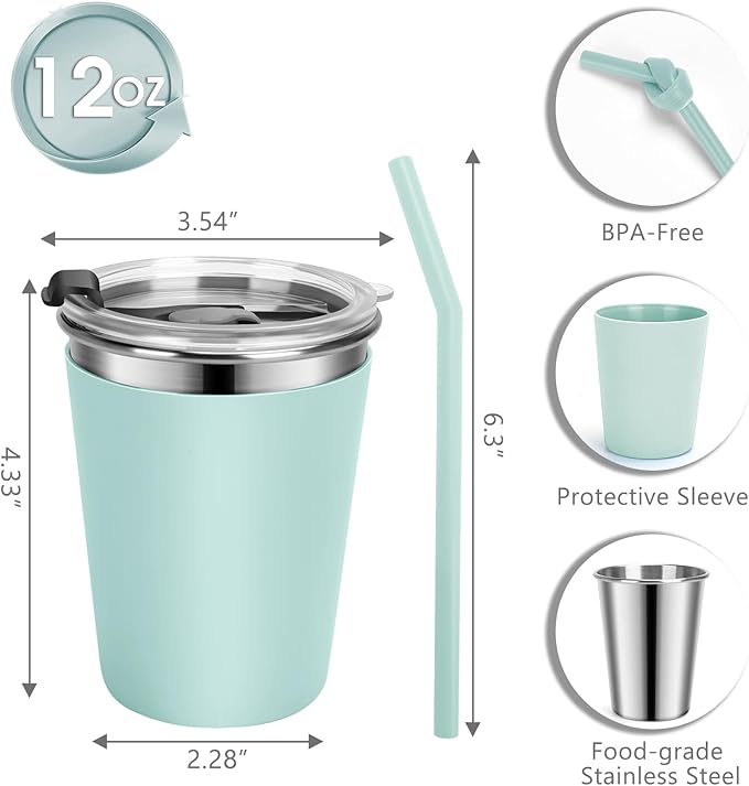 Kids Cups with Straws and Lids Leak Proof, 12oz Sippy Cups for Toddlers 1-3 No Spill, 2 Pack Spill Proof Cup Stainless Steel Kids Cup with Lids for School, Outdoor (Blue & Green)