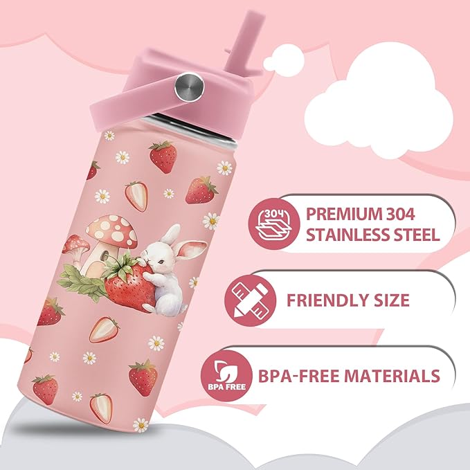 Bunny Gifts for Girls, Cute Water Bottle 16 oz Rabbits Strawberries Water Bottles with Straw Lid, Stainless Steel Insulated Tumbler, Cute Bunny Cup Gifts for Birthday Christmas