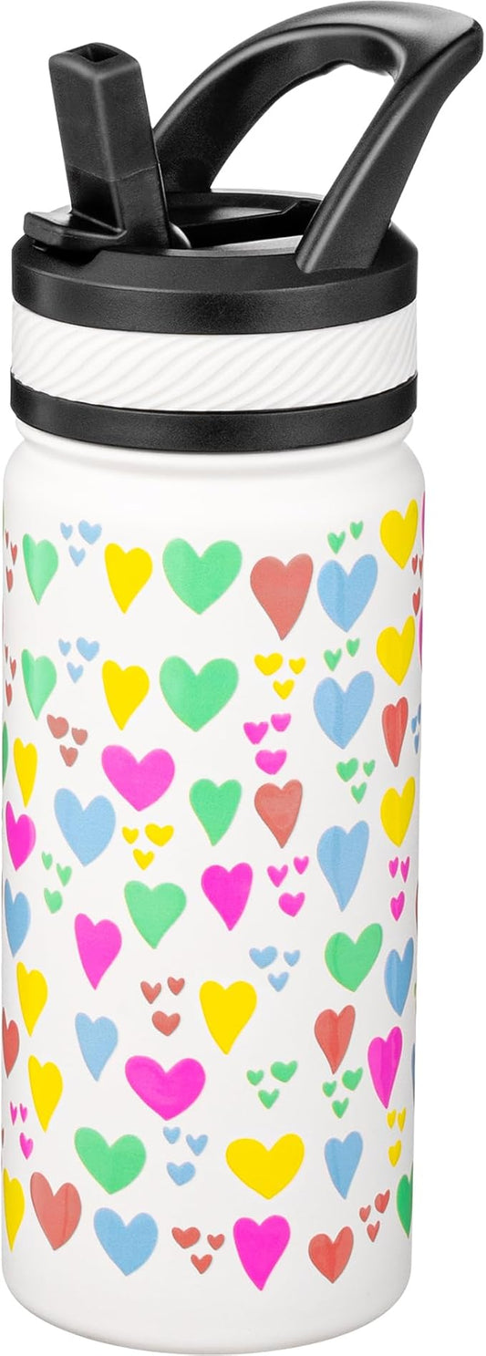 Fanhaw 18 Oz Kids Insulated Water Bottle with Straw - Stainless Steel Double Wall Vacuum Cup, Leakproof, BPA Free, Suitable for Boys and Girls(White - Rainbow Hearts)