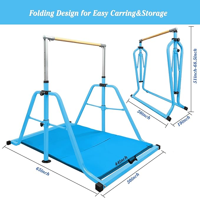 Foldable Gymnastics Kip Bar,Horizontal Bar for Kids,No Wobble Gym Equipment for Home Indoor,3' to 5' Adjustable Height,Gymnasts 1-4 Levels,300 lbs Weight Capacity