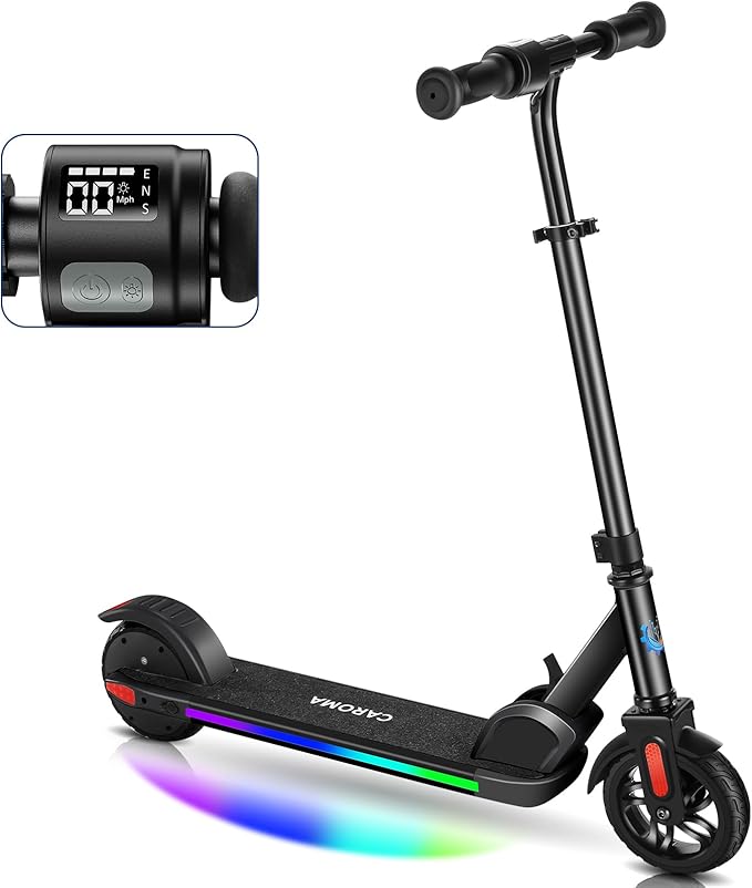 Caroma Electric Scooter for Kids Ages 6-14, 180W/150W Motor & 10 Mph, 85 Mins Ride Time, Adjustable Height & Speed, LED Display & Colorful Lights, Kids Electric Scooter, Best Gifts for Girls and Boy