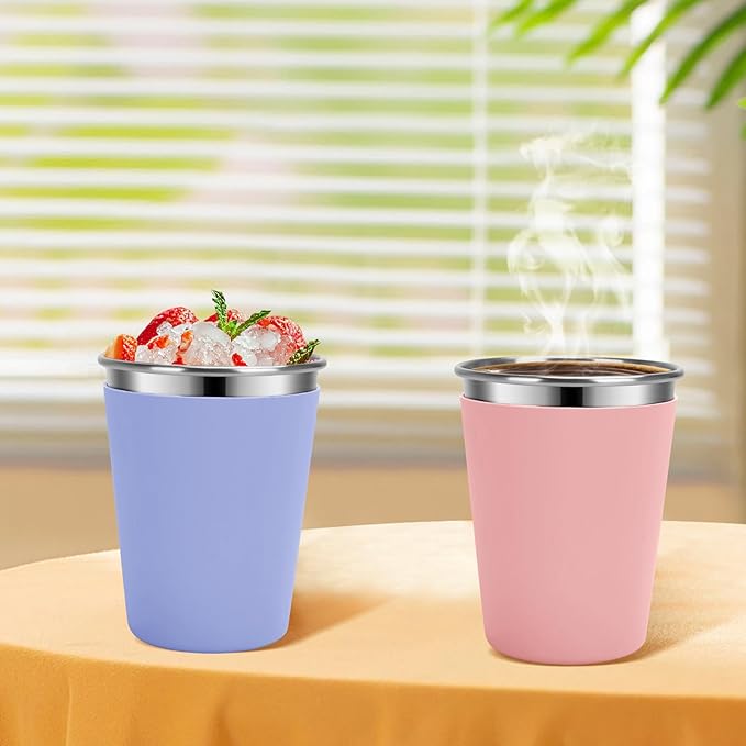 Kids Cups with Straws and Lids Leak Proof, 12oz Sippy Cups for Toddlers 1-3, 2 Pack Spill Proof Cup Stainless Steel Kids Cups with Lids for School, Outdoor (Pink & Cyan)