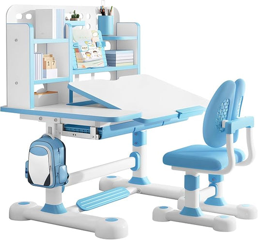 Upgraded Kid's Desk and Chair Set, Adjustable Children's Study Table with Bookshelf and Storage Drawer, 50-Degree Tiltable Desktop with Chair for Bedroom Blue