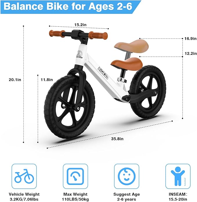Ridego 12 Inch Balance Bike for Kids 2-4 Year Old, Lightweight Kids Bike with Adjustable Seat, Push Bicycle with Air Rubber Tires, Ride-on Toys Birthday Gift