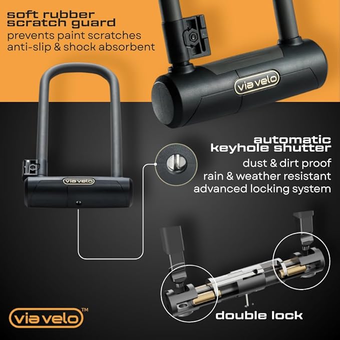 Via Velo Bike U Lock with Cable | Pro U Lock 20 CrMnTi Steel 15mm Shackle with Bracket Inside Size:9.6 x 3.5 in Sold Secure Gold Approval for Road Mountain Electric, Folding Bikes Scooter