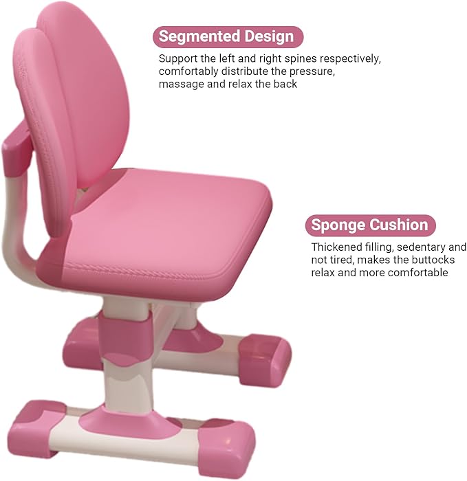 Kids Ergonomic Desk and Chair Set, Height Adjustable School Study Table with Bookshelf, Drawer and Spine Support Backrest, Kids Desk and Chair for Bedroom&Study Room (Pink)