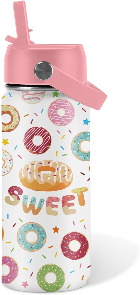Donut Lover Gifts for Kids - 16oz Insulated Stainless Steel Water Bottle with Straw Lid, Leakproof BPA-Free Tumbler for School, Travel - Cute Donut Design Kids Cup for Boys & Girls (1pc)