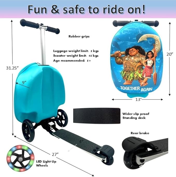 Fast Forward Kid’s Licensed 18" Ride-On Suitcase Scooter - Lightweight Carry-On Foldable Scooter Luggage