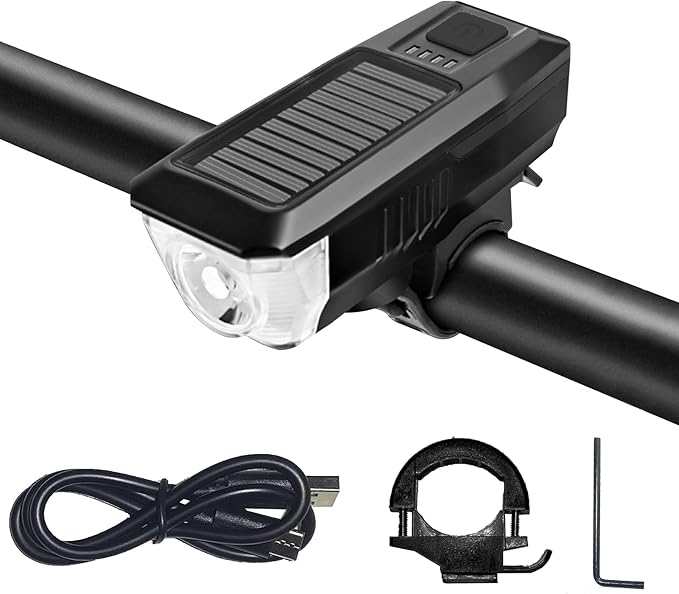 Ultra Bright Bike Light, IPX4 Water Resistant Bicycle Headlight, USB Rechargeable, 3 Light Modes, Solar Powered LED Bicycle Lights Front for Kid Women Men Road Cycling Safety