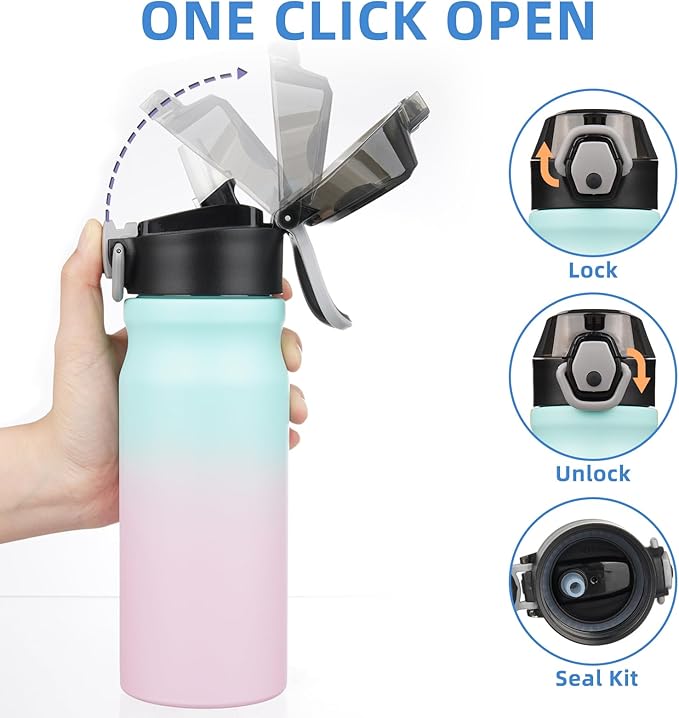 BJPKPK 18oz Insulated Water Bottle with Straw Stainless Steel Double Wall Water Bottles BPA Free Leak Proof Thermal Flask with Lockable Flip Lid and Soft Silicone Spout,Bubble Gum