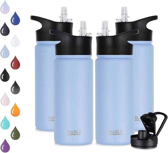 HASLE OUTFITTERS Insulated Water Bottle 16 oz Double Wall Vacuum Stainless Steel Water Bottle Leak Proof for School Wide Mouth with Straw Lid & Spout Lid Keeps Cold and Hot(Blue,4pack)