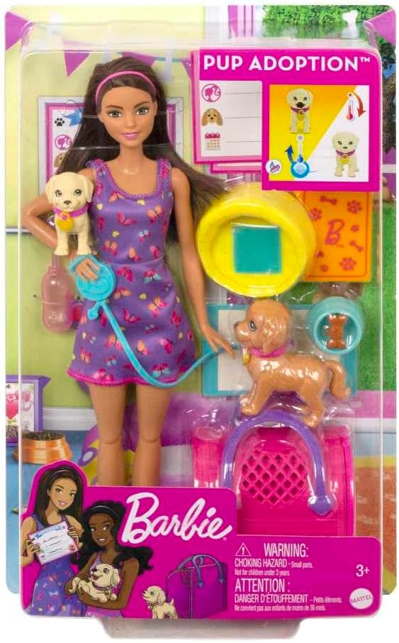 Barbie Pup Adoption Doll & Accessories Set with Color-Change, 2 Pets, Carrier & 10 Accessories, Brunette in Purple Dress