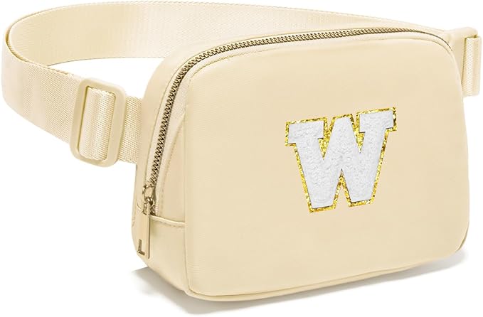 Gitus Birthday Gifts for 8 9 10 11 12 13 Year Old Girls Personalized Fanny Pack Crossbody Bags with Initial Letter Patch Belt Bag for Teen Girls Cute Trendy Stuff Travel Essentials (Beige-W)
