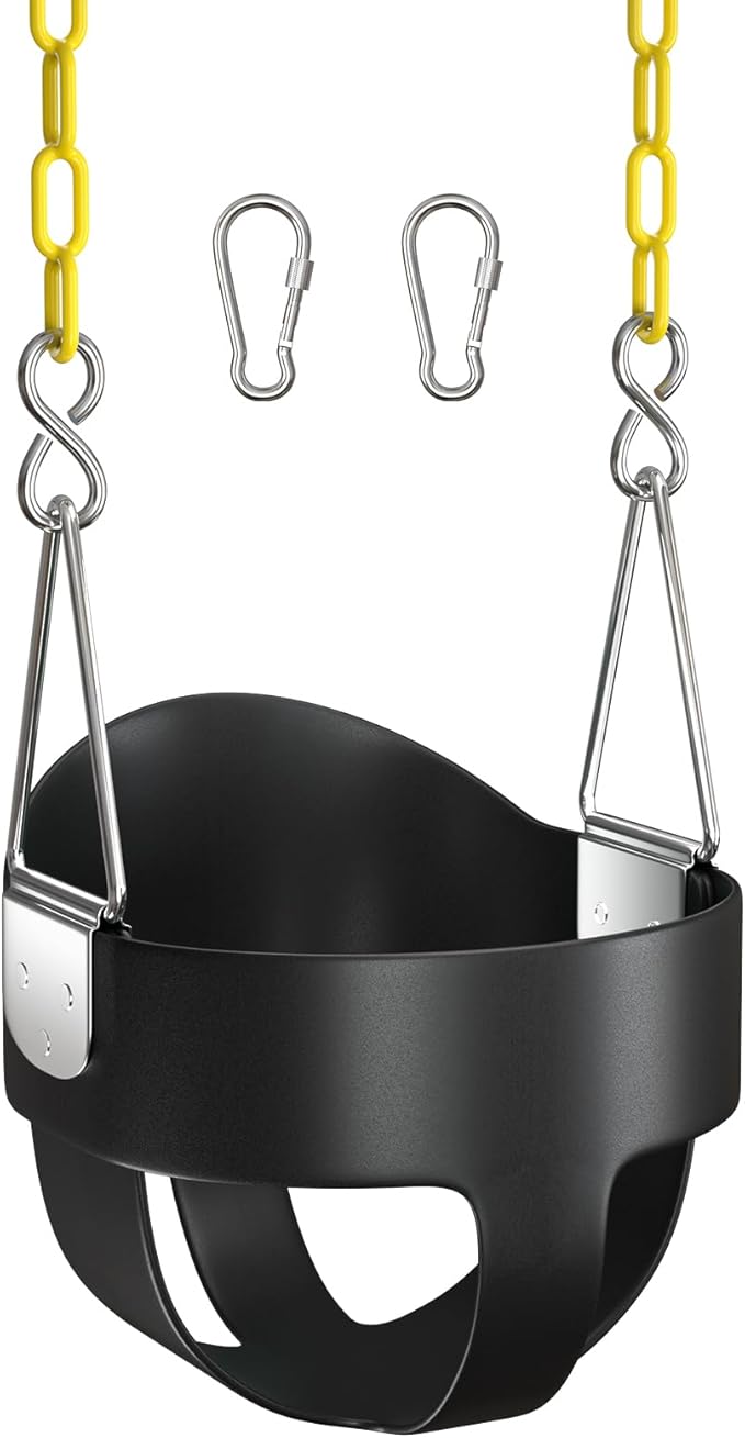 AGPTEK High Back Full Bucket Toddler Swing Seat with Yellow Coated Swing Chains and Carabiners Baby Swing Outdoor for Easy Install (Black)