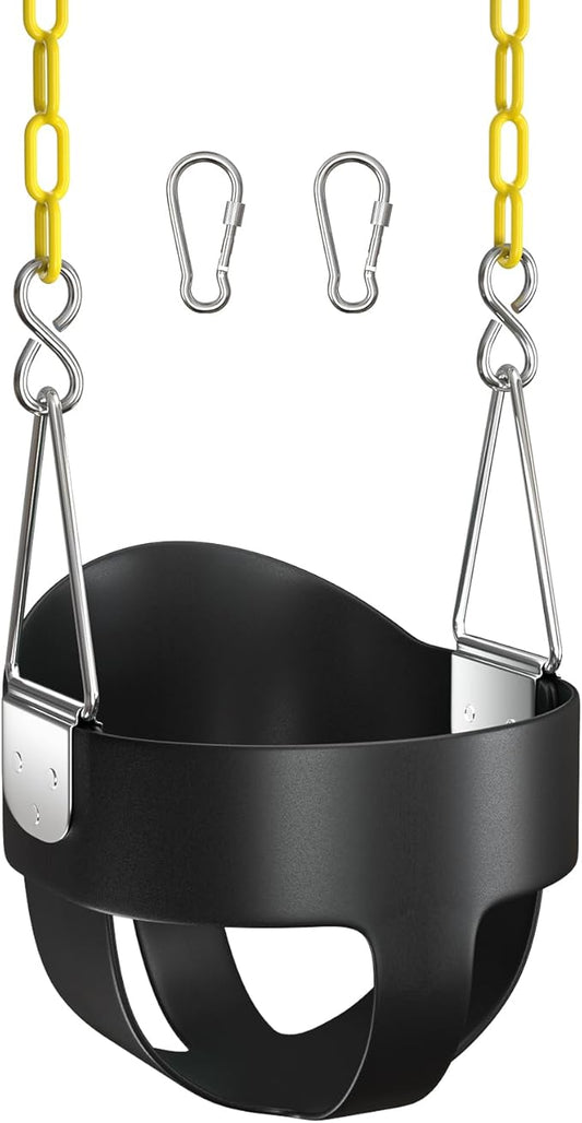 AGPTEK High Back Full Bucket Toddler Swing Seat with Yellow Coated Swing Chains and Carabiners Baby Swing Outdoor for Easy Install (Black)