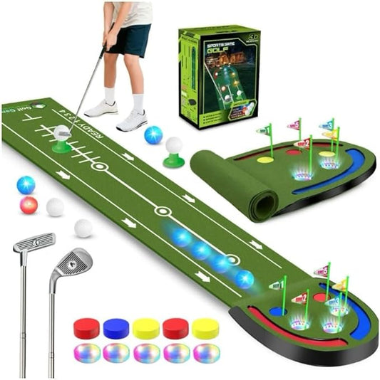 Golf Putting Mat for Kids, Toy Golf Set with Light up Holes, Glowing Balls, Practice Putting Green with 2 Clubs, Golfing Mats Indoor Outdoor, Sport Game Gifts for Kids Teens Family