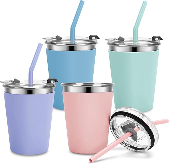Kids Cups with Straws and Lids Leak Proof, 12oz Sippy Cups for Toddlers 1-3 No Spill, Spill Proof Cup Stainless Steel Kids Cup with Lids for School, Outdoor, 4 Pack