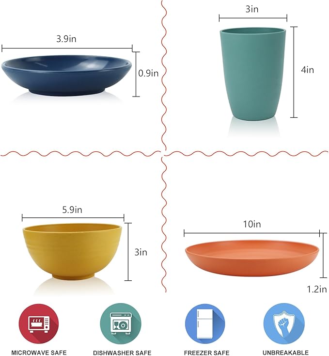Wrova Wheat straw plates and bowls sets of 16 - Unbreakable wheat straw dinnerware sets for kids - Alternative plastic dinnerware set service for 4 - Microwave safe and Dishwasher safe bowls. Colorful